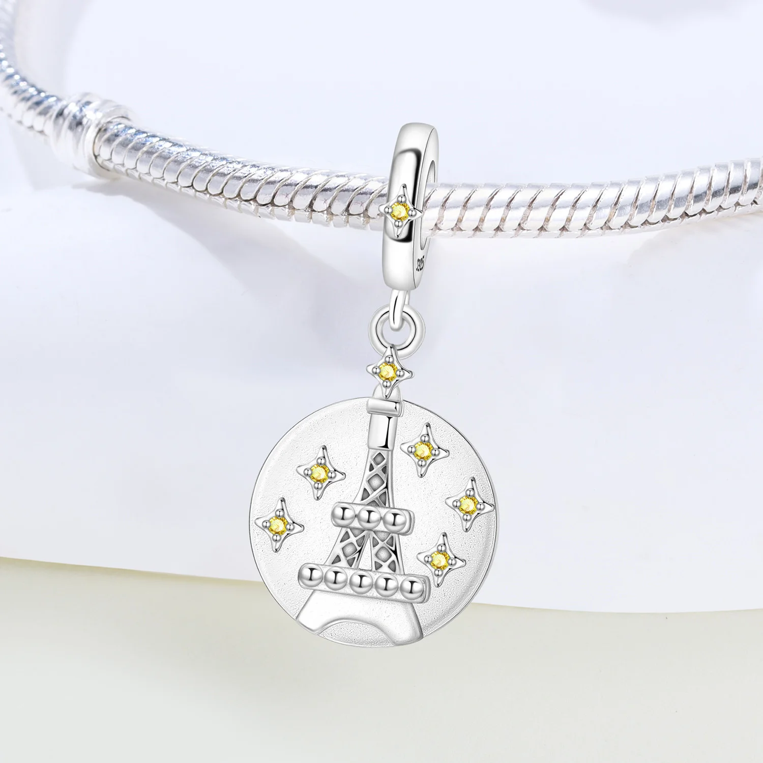 PANPOKI 925 Sterling Silver Sparkling Starry Eiffel Tower Original Pendants Bracelet Charms Jewelry Party Beads DIY Trendy Gift