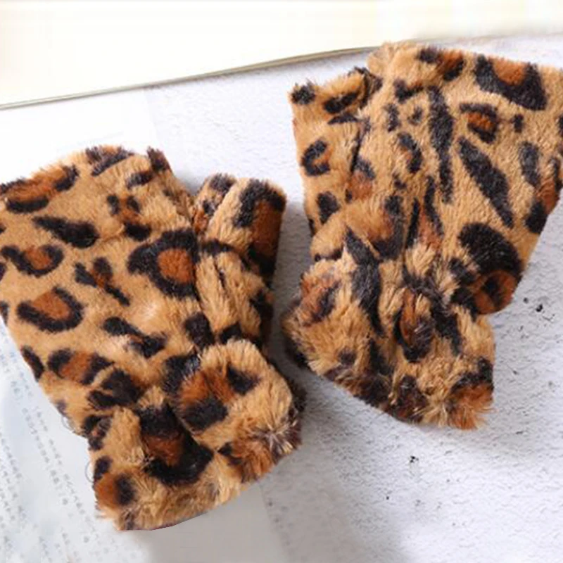 Womens Fashion Fingerless Gloves Leopard Printed Plush Fleece Glove Half Finger Mittens