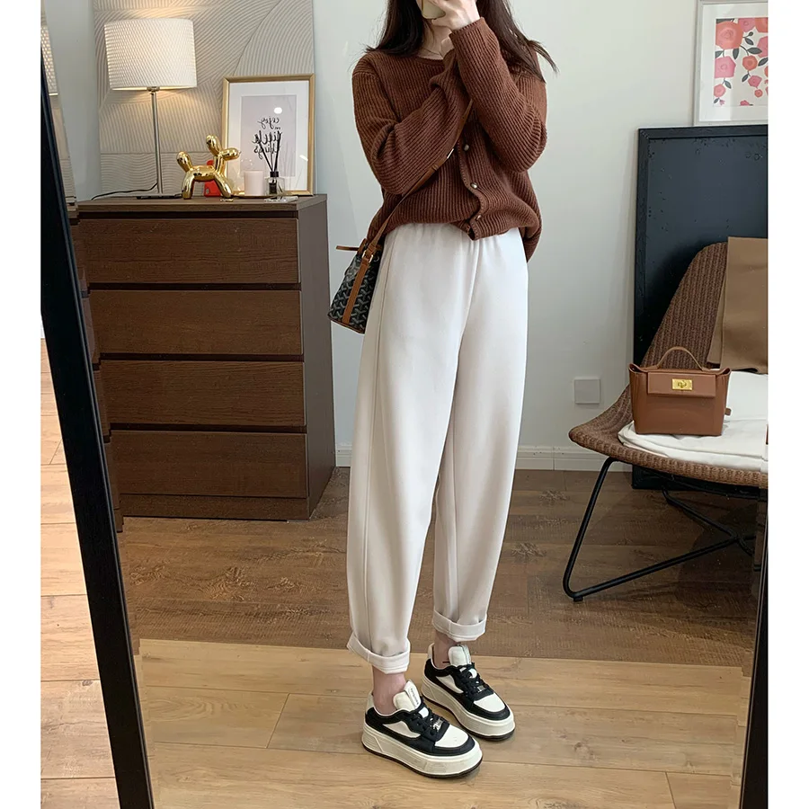 

Утепленные шерстяные повседневные брюки-харланы с широкими штанинами, на флисовой подкладке, с высокой талией, тонкие, длинные