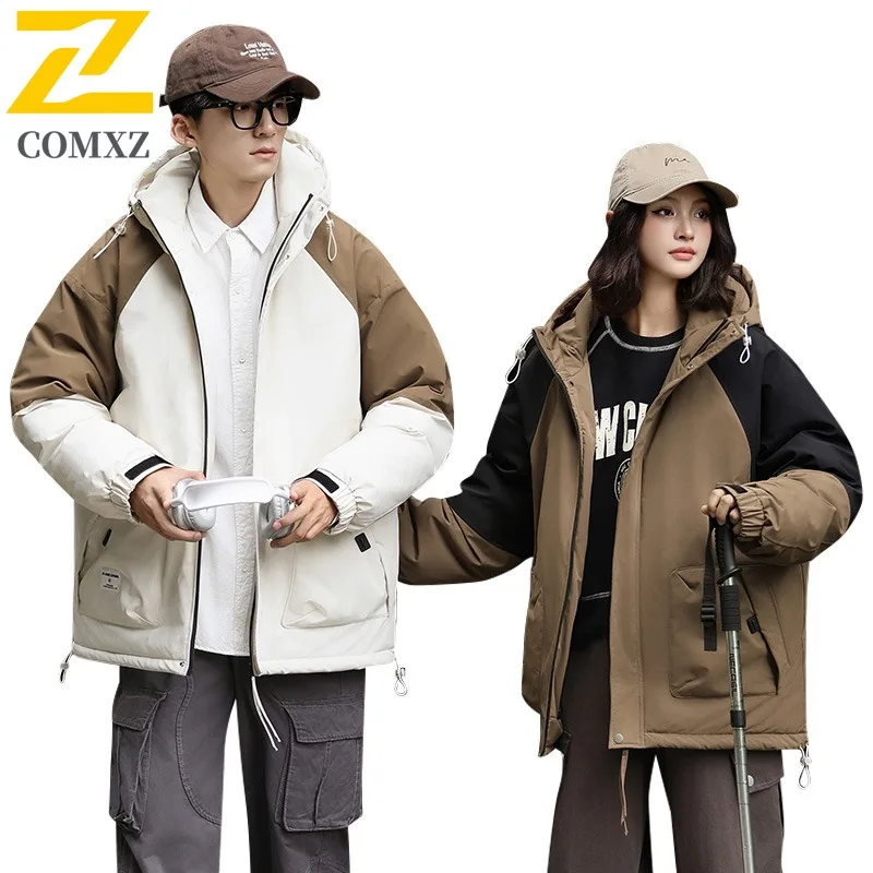 COMXZ New Mens Puffer Coat Splicing Hooded Outdoor Adventure Windproof Coat Travel Hiking Mountaineering Cold Protection Garment