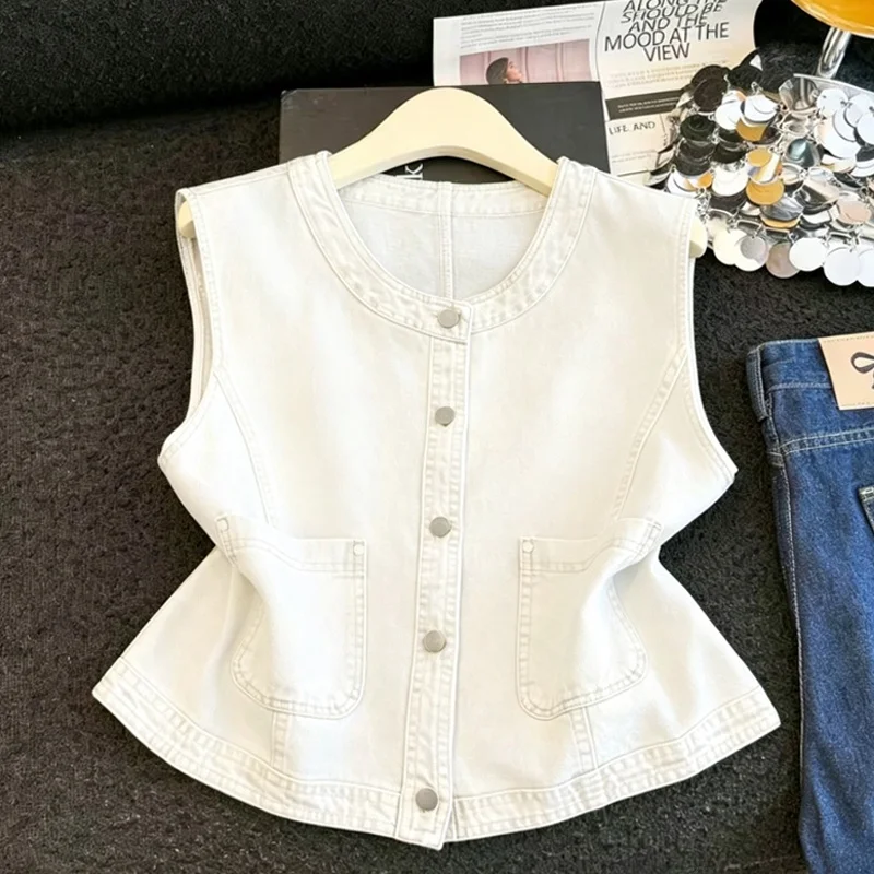 

plus Size Women's Casual round Neck Denim Vest Summer New Style Versatile Outerwear Jacket for plus Size Fashion Commute Style