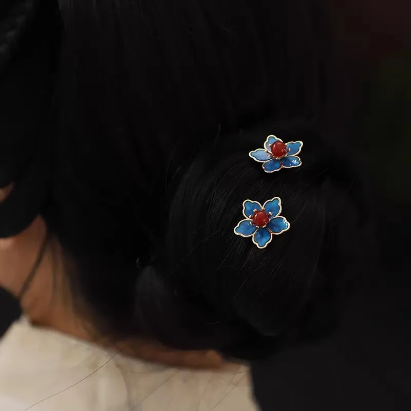 青い花の古代風漢服ヘアピン、絶妙な花柄ヘアアクセサリー、新しい中国風の焦げ茶色のヘアピン、小さなU字型H