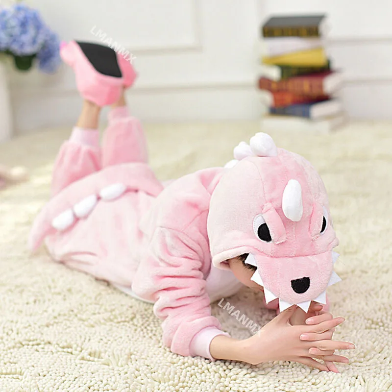 Red Dinosaur Kigurumi Onesie Pajamas Set Animal Cosplay Costume Pink Cute Winter Warm Soft Flannel Jumpsuit Children Party Wear image 5