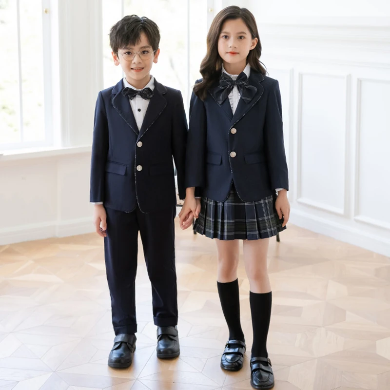 

Girls School Uniform Boys Jacket Shirt Plaid Skirt Suits Child Formal Dress Tuxedo Kids Clothes Sets Toddler Students Outfits