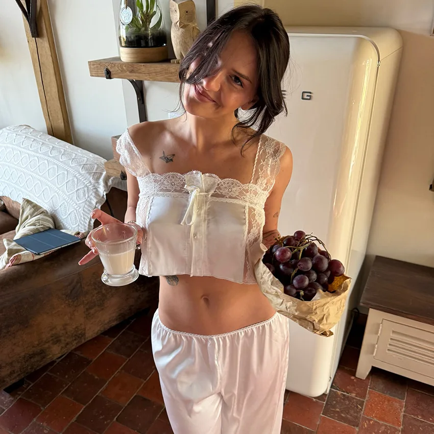 

2026 Spring and Summer New White Lace Suspender Trousers Pajama Set Women's Thin Cool Loungewear