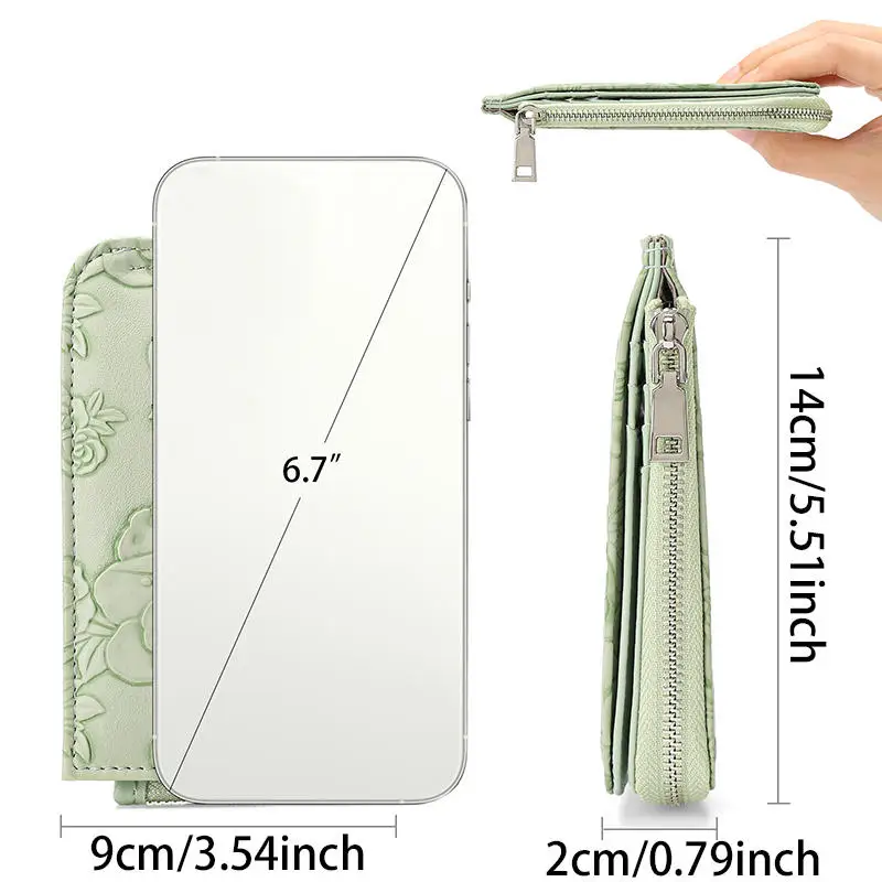 Dompet Koin Wanita dengan Ritsleting dan Gantungan Kunci Desain Embos, Dompet Kapasitas Besar dengan Banyak Slot Kartu Aksesoris Fashion