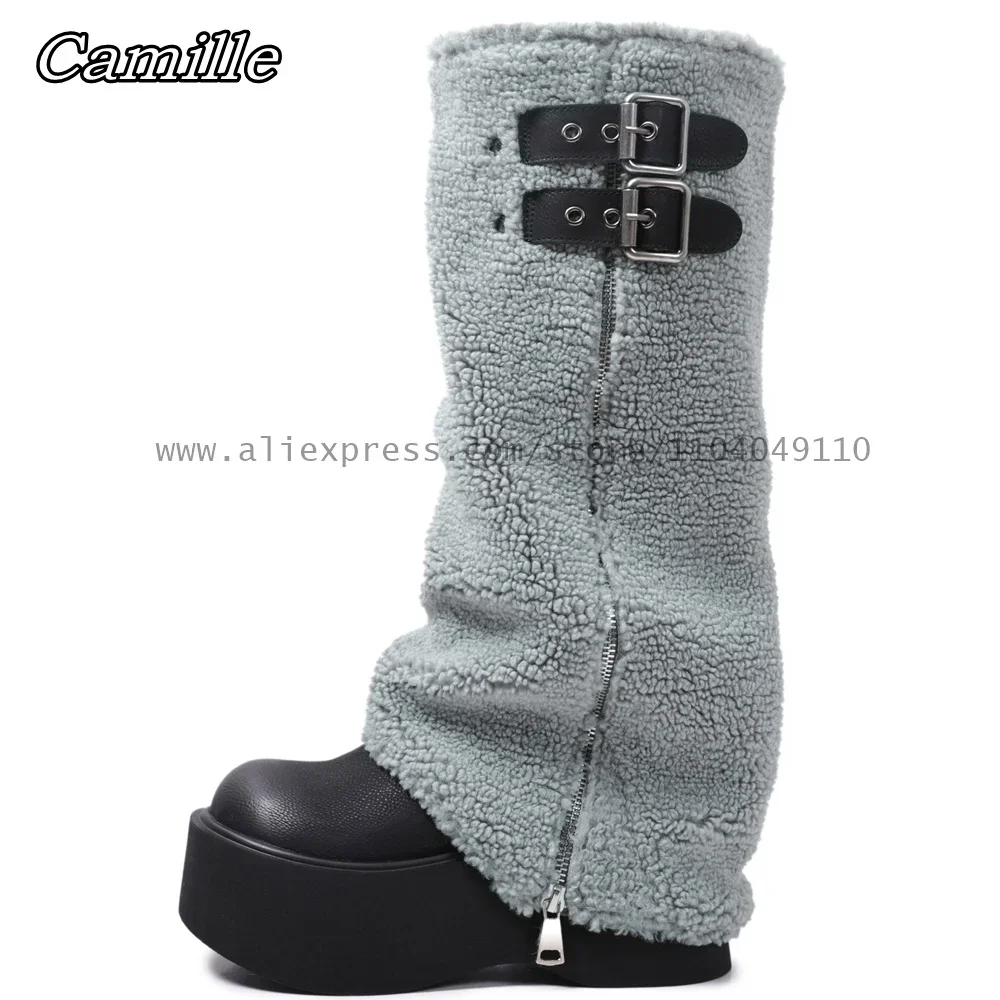 

Fur Lamb Wool Side Zipper Thick Sol Height Increasing Boots 2025 Winter NEW INS Fashion Snow Boots Round Toe Platform Lady Boots