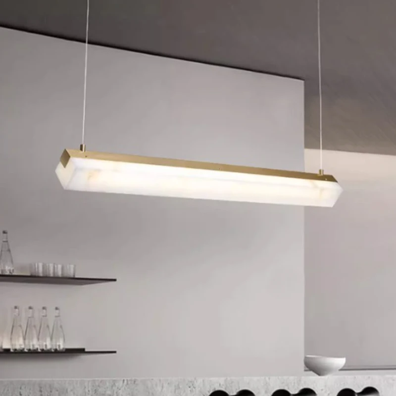Postmodern Minimalist Dining Table Banquet Hall Long Strip Brass Marble Pendant Light Study Hotel Lobby Pendant Lamp