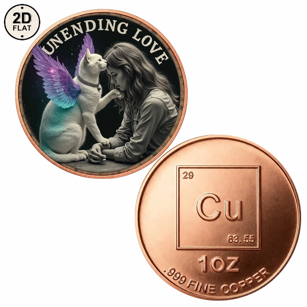 1pc 1oz .999 Fine Copper Unending Love Angel Cat Pet Memorial Challenge Coin Cat Loss Remembrance Souvenir Gifts for Pet Lovers