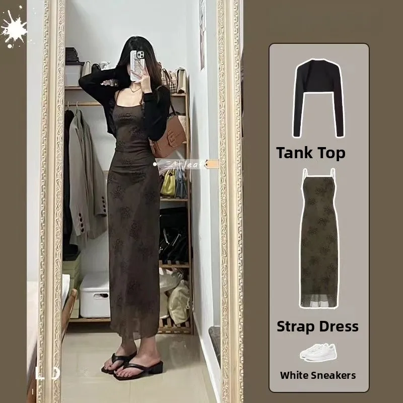 

Spring Summer New Pure Desire Style Floral Print Halter Dress Women's Set Sun Protection Cardigan Slimming Waist Design