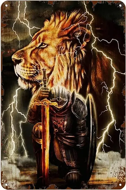 Vintage Tin Metal Sign Lion And Knight Jesus I Am The Retro Wall Art Decor Iron Painting For Home Kitchen Cafe Pub Ti
