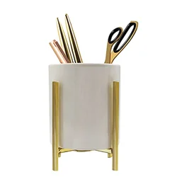 Gold Pencil Cup Sturdy Pencil Holder Metal Frame with White Ceramic Desk Organizer Kitchen Appliance Holders Office Accessories