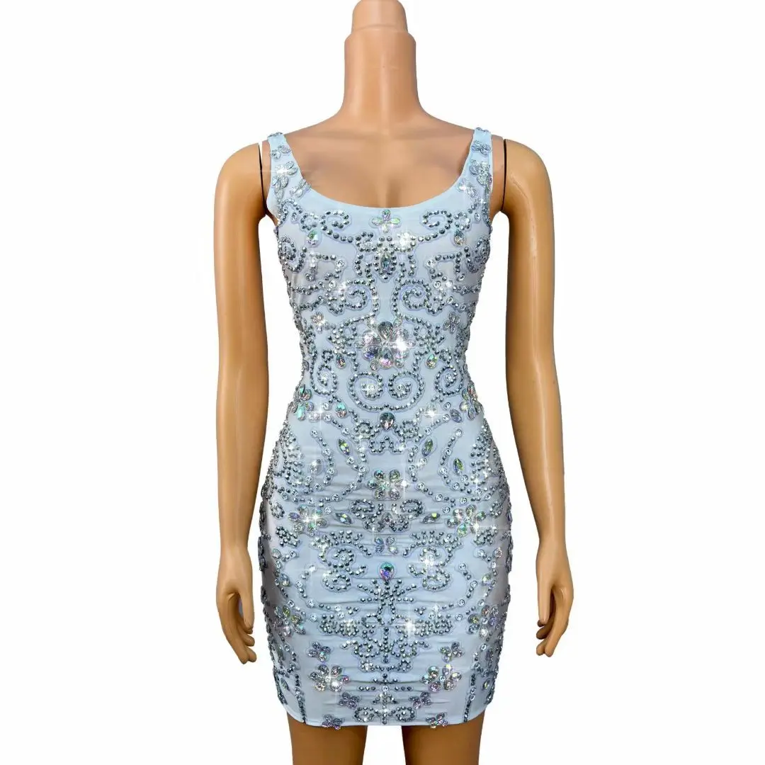 

Baihuatuan Womens Luxury Light Blue AB Crystal Rhinestone Embroidered Sheer Mesh Bodycon Mini Dress Evening Party Prom Gowns