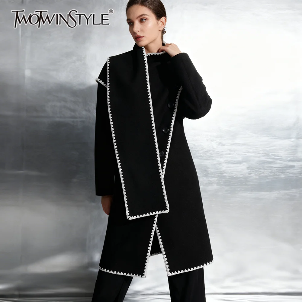 

TWOTWINSTYLE Hit Color Spliced Embroidery Fashion Trenchs for Women O Neck Long Sleeves Patchwork Shawl Versatile Trench Female