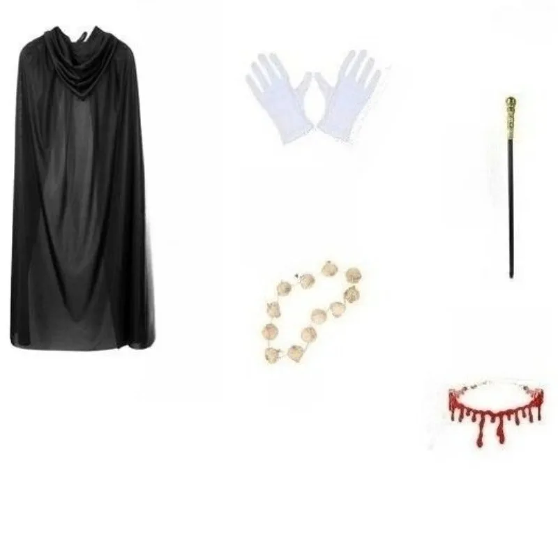 Kostiumy na Halloween w stylu wampira: peleryna, rękawiczki, naszyjnik z krwią i czosnkiem, sztab, odpowiednie do odgrywania ról wampirów.