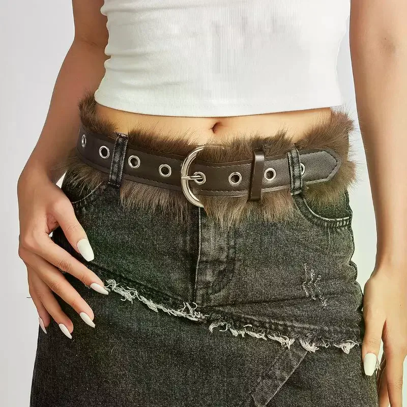 Меховой ремень из искусственной кожи в стиле панк Y2K с металлическими шипами, плюшевая поясная цепочка, ремни из искусственного меха, пушистый сексуальный винтажный пояс, джинсовый ремень в стиле хип-хоп