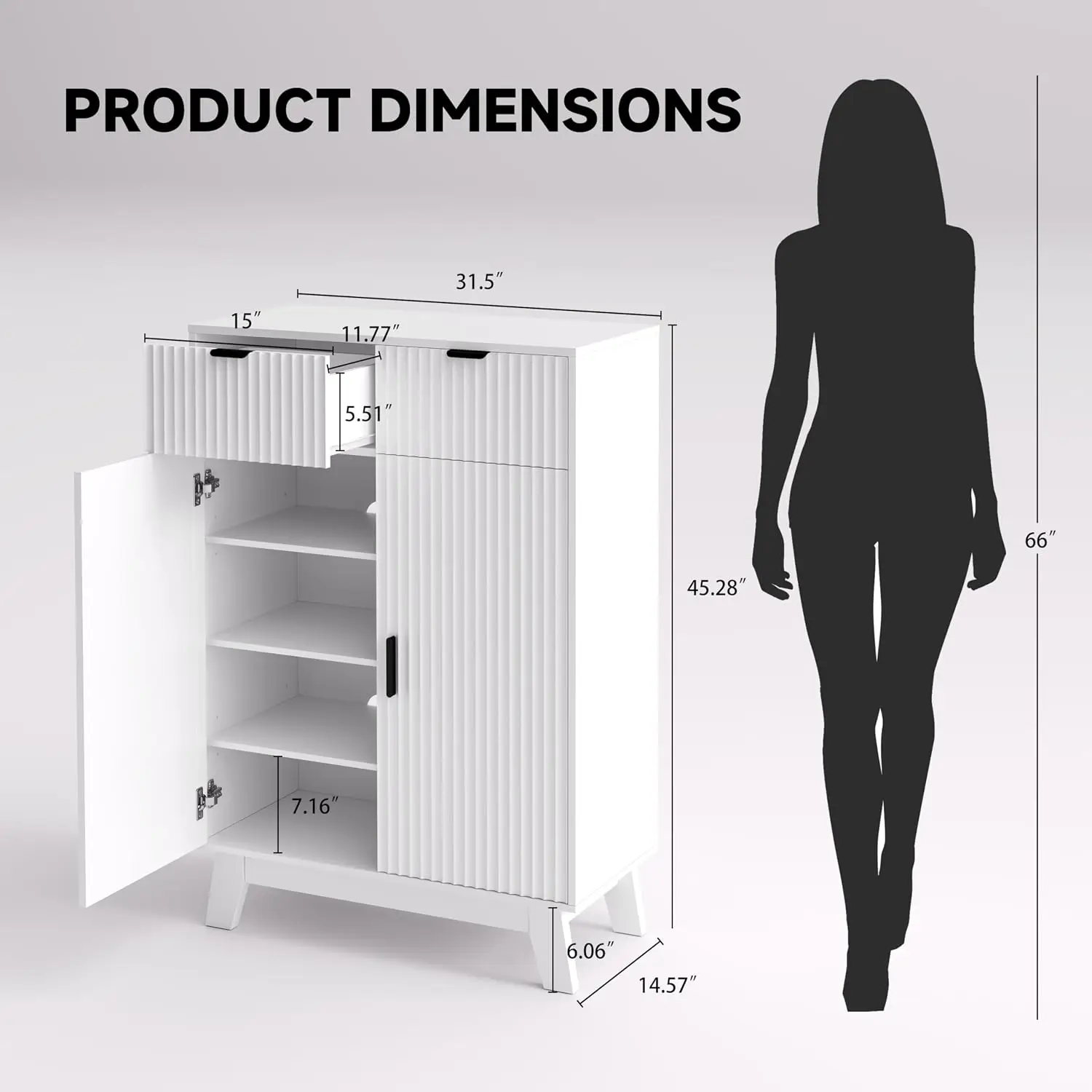 Fluted 4-Tier Narrow Shoe Cabinet with Doors & 2 Drawers, Adjustable Shelves, Freestanding Hidden Organizer with Wooden Legs for