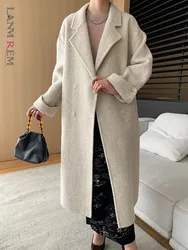 LANMREM Elegant Double Sided Woolen Coat Women's Lapel Solid Color Belt Gathered Waist Coats 2024 Autumn Winter New 2Z3053