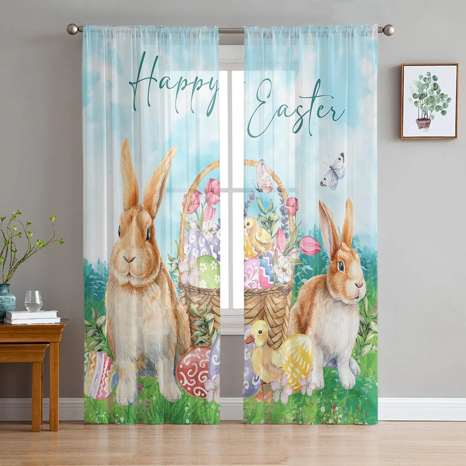 Easter Bunny Egg Flower Butterfly Sheer Curtains for Bedroom Living Room Festival Decor Kitchen Tulle Curtain