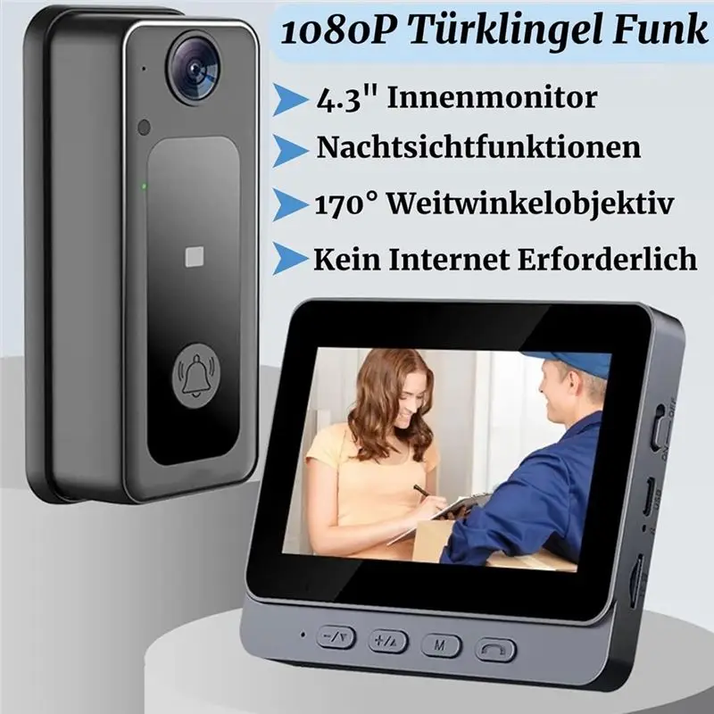 A42Z-Wireless Doorbell, Wide Angle Lens, Wireless Bell With Intercom Camera, 4.3 Inch Screen Video Night Vision Doorbell