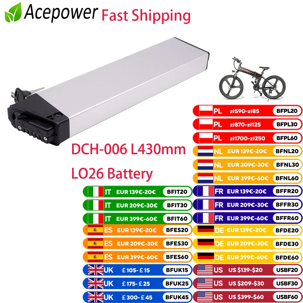 Folding E Bike Battery 48V 10.4Ah 12.8Ah 14Ah Amp DCH 006 for Samebike LO26 20LVXD30 XP2.0 Folding Electric Bicycle Batteries