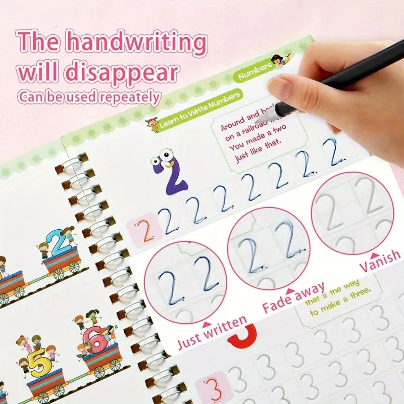4-Pack Children's Magic Practice Copybooks Set with Pen Reusable 3D Groove Writing Pad Kids Workbooks for Handwriting