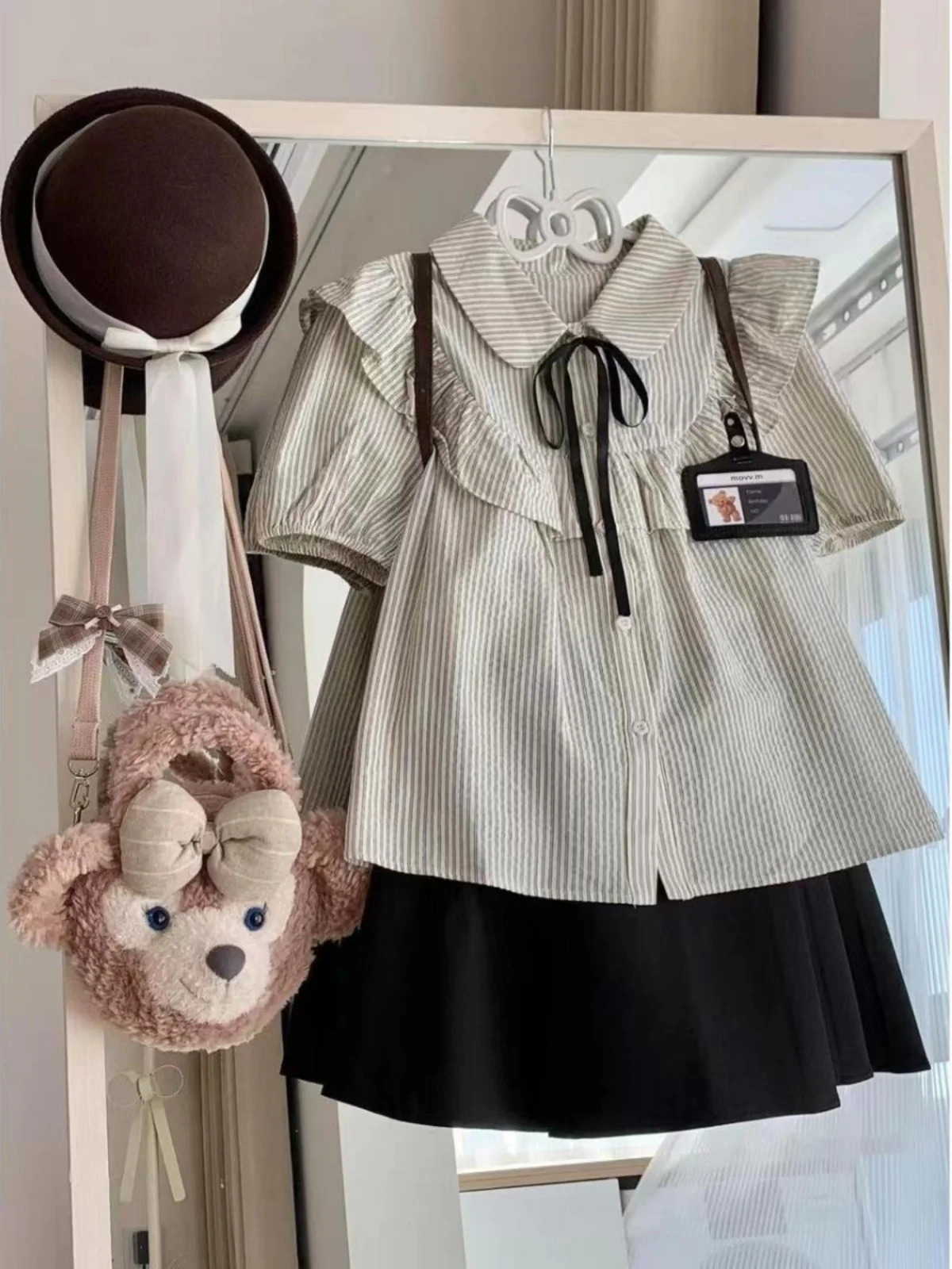 

Комплект плиссированной юбки с высокой талией и милыми кружевными полосками, женский воротник ort Sve Button up Faion Set