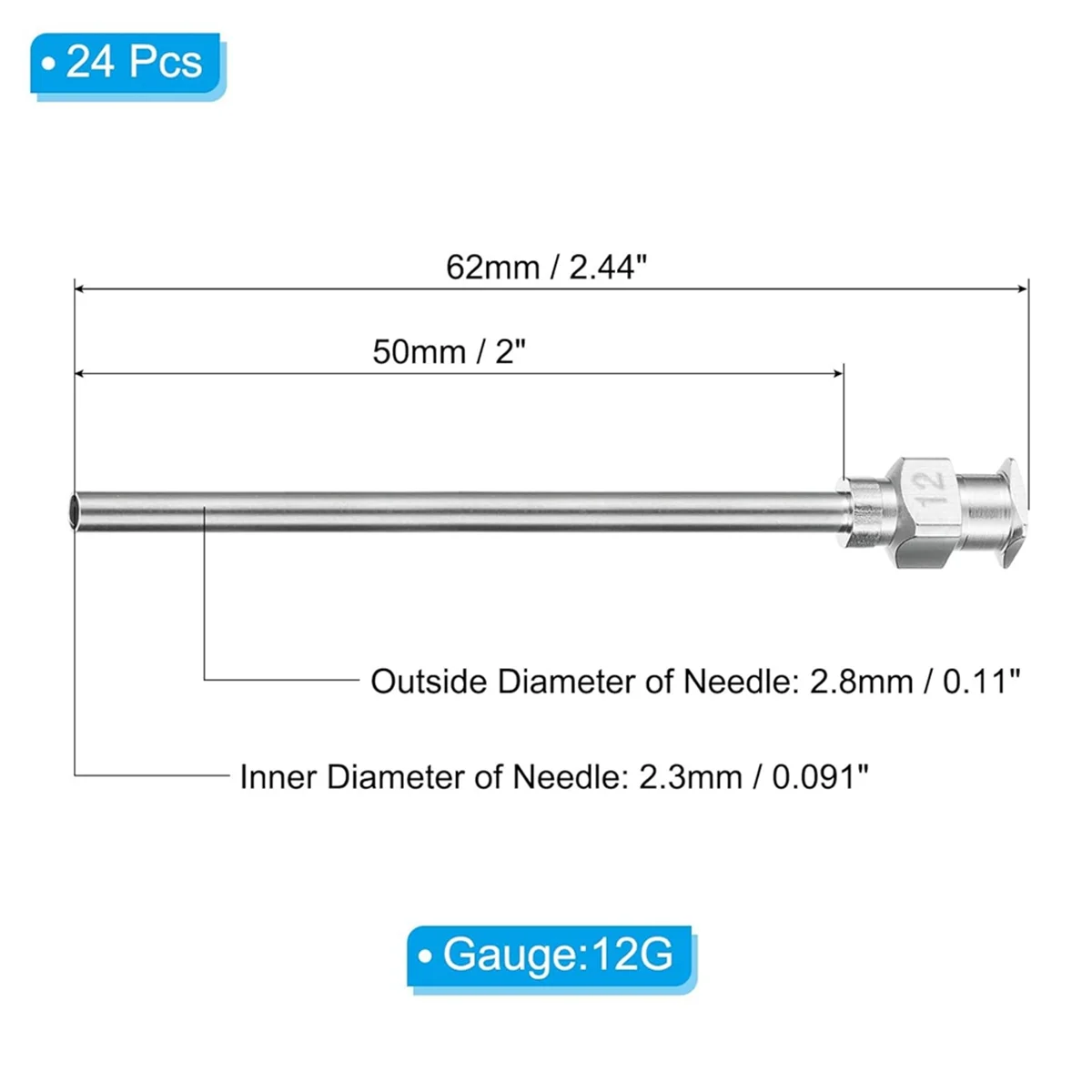 A002 Blunt Tip Dispensing Needle, 24 Pcs 2 Inch Stainless Steel Liquid Dispenser Needles with Lure Lock 12g