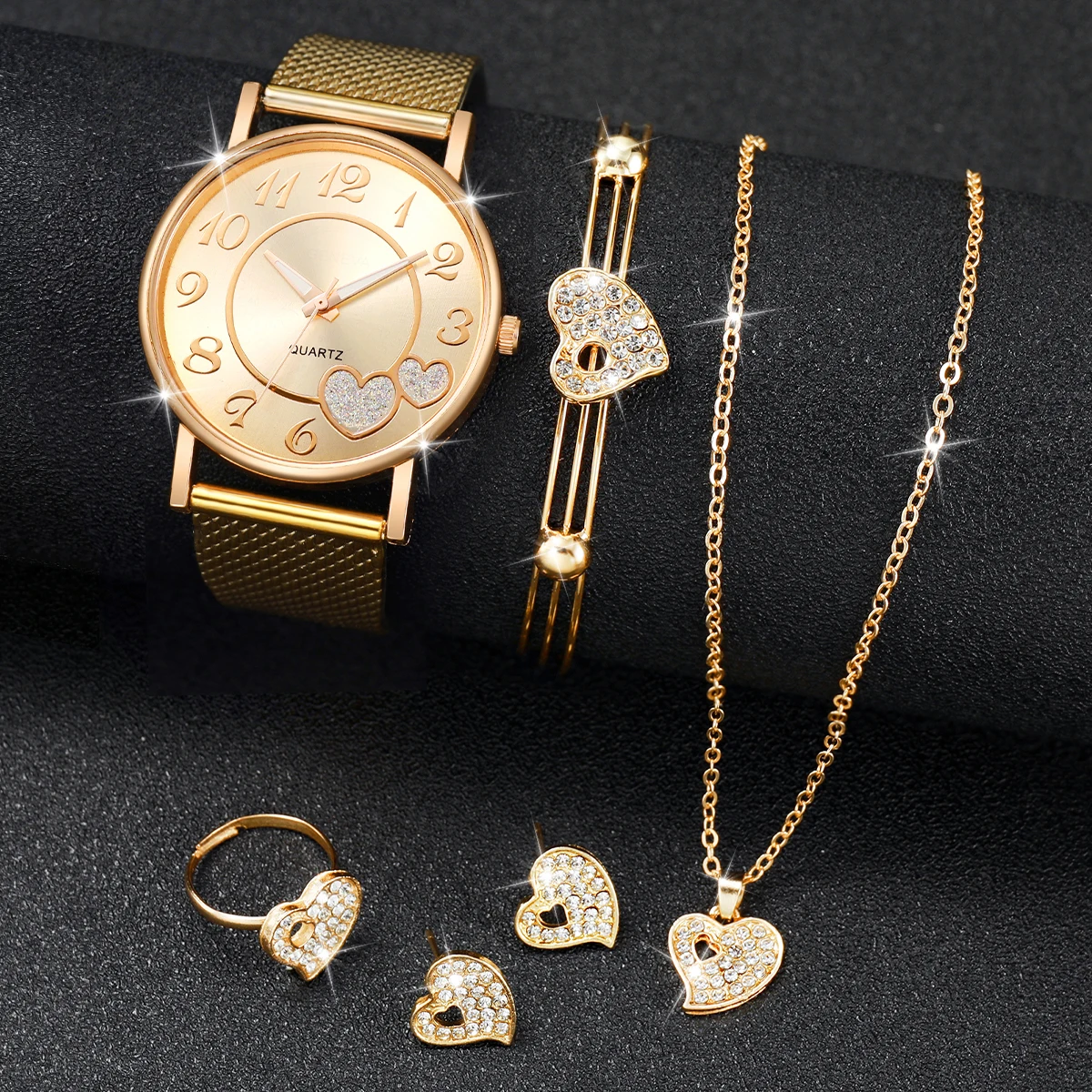 6PCS/Set Fashion Women\'s Watch Plastic Band Quartz Watch Rhinestone Heart Jewelry Set(Without Box)