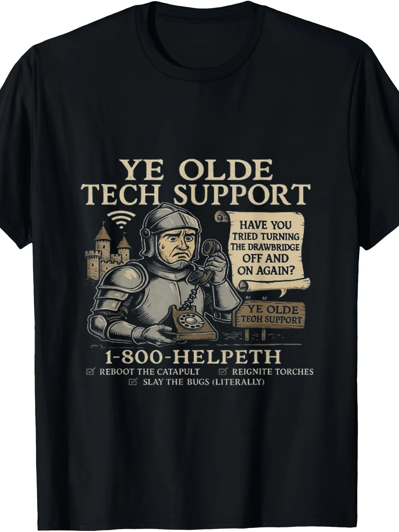 Unisex Medieval Knight Tech Support T-Shirt - Funny Retro Castle WiFi Joke with Old Computer Humor Shirt. Suitable for themed parties, everyday casual wear, crew neck, machine washable, perfect for historical events