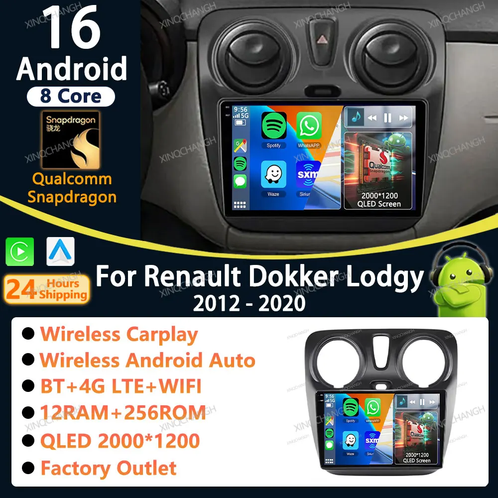 Rádio Automotivo Android 16 com Carplay Auto para Renault Dokker Lodgy Dacia 2012 - 2020, Reprodutor de Vídeo e Áudio com Kit de Painel para Instalação no Painel.