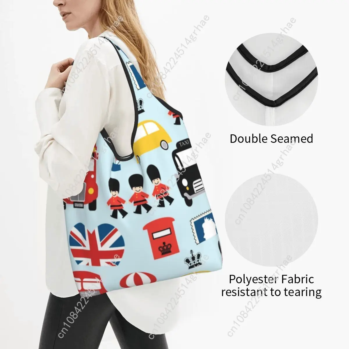 Custom British Flag London Red Bus Car Grocery Shopping Bag Fashion Shopper Tote Shoulder Bags Large Capacity Portable Handbag view 2