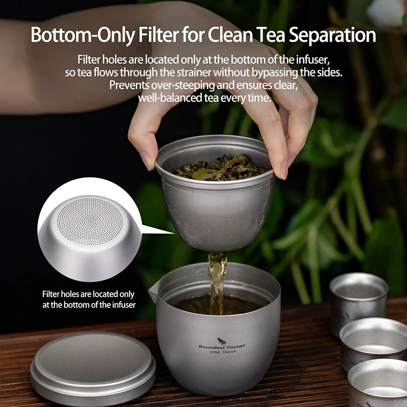 Boundless Voyage Titanium Teapot 250ml, All-in-One Tea Cup for Loose Leaf, Ultralight Portable Double Walled Tea Maker