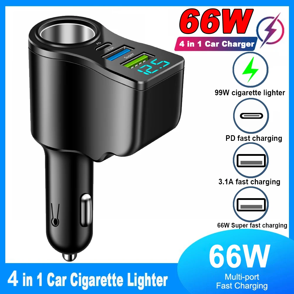 4 in 1 66W Car Cigarette Charger Phone Charging With Voltage Display 3.1A USB PD Super Fast Charging For Samsung Huawei Xiaomi