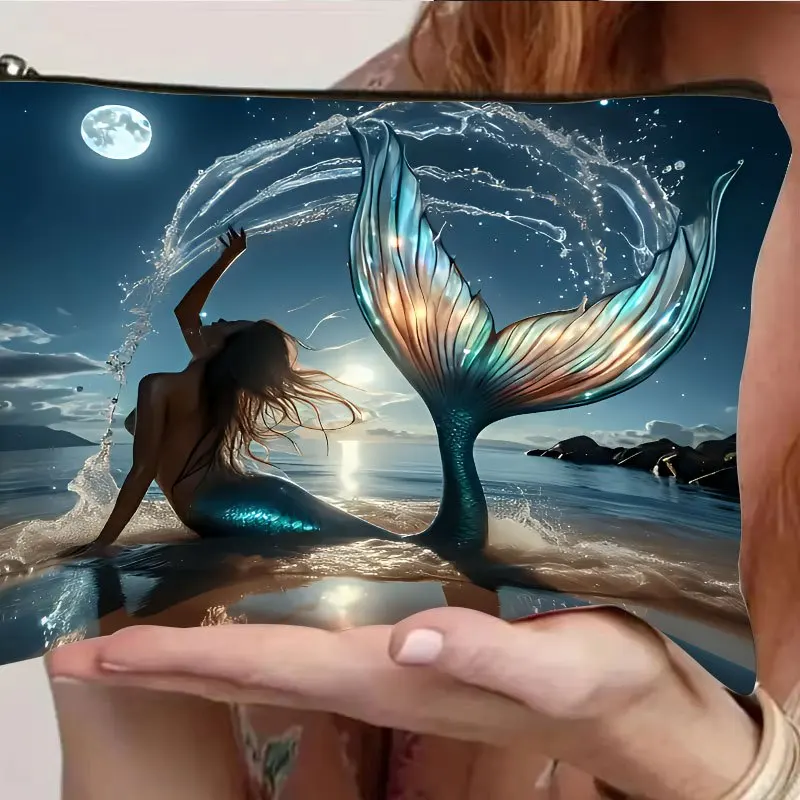 인어 패턴 메이크업 가방 - 여성용 귀여운 다기능 지퍼 파우치, 보석 보관 가방