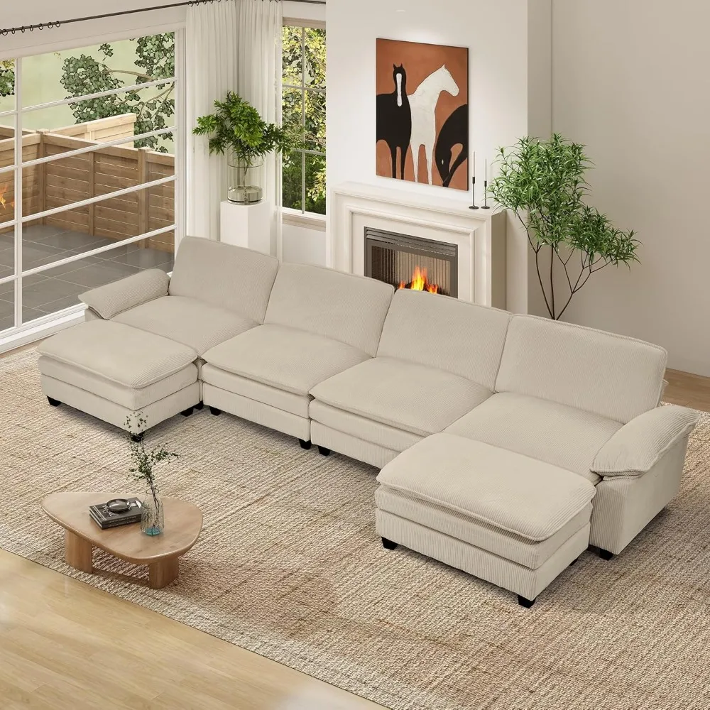 

154" modular sectional sofa,comfy cloud couch sectional sofa with ottoman,u shaped 6-seat corduroy sleeper deep seat sofas for l