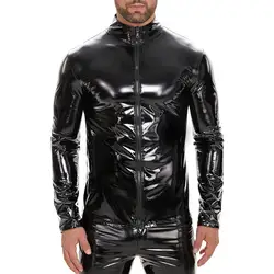 Men Elastic Jacket Men's Faux Leather Party Nightclub Jacket with Stand Collar Zipper Closure Smooth Glossy Solid for Night