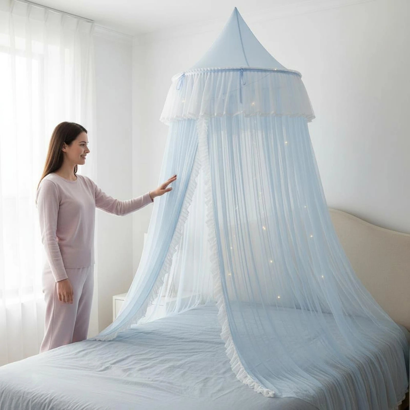 Double Layer Bed Canopy Decorative Princess Bed Canopy Dome Bug Net Soft Translucent Home Decor Gift Idea for Children, Sleeping view 3