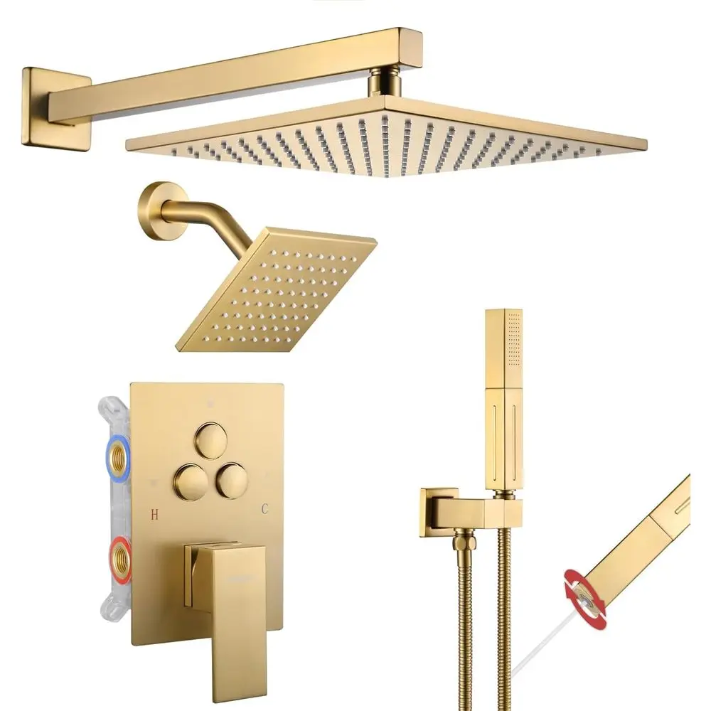 

Душевая система из матового золота с кнопочным переключателем, ручная лейка 2-в-1, настенное крепление, 10 насадок для душа и 6 распылителей