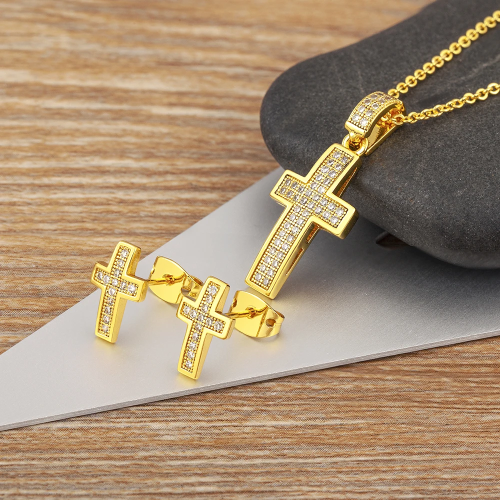 Nidin New Gold Plated Cross Pendant Charm Zircon Necklace & Earrings Chain Choker Jewelry Set For Women Party Accessories Gift