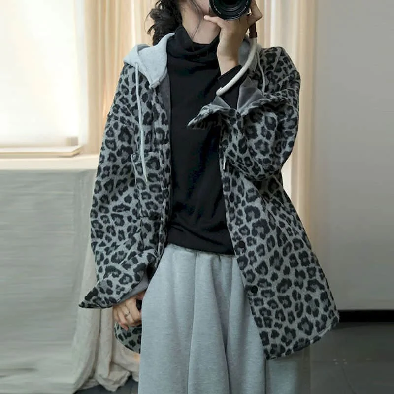 

Leopard Coats for Women Vintage Autumn Hooded Cardigans Long Sleeve Velvet Jackets Casual Mid-length Korean Style Women Clothes