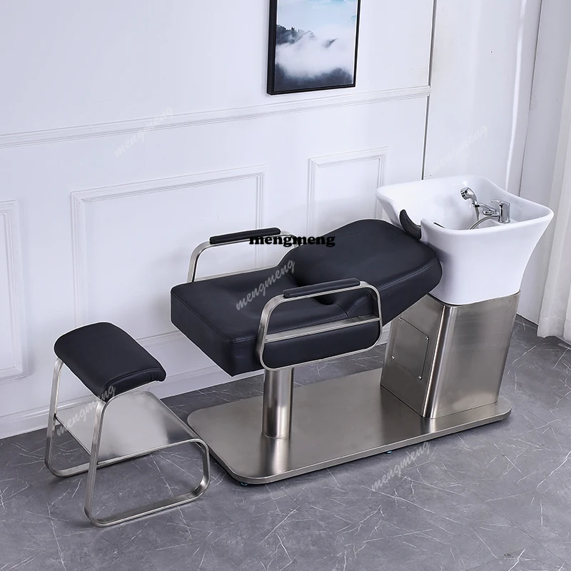 

High-end Ceramic Basin Shampoo Beds Barbershop Luxury Hair Salon Ergonomics Shampoo Chair Flushwater Salon Furniture Sillas