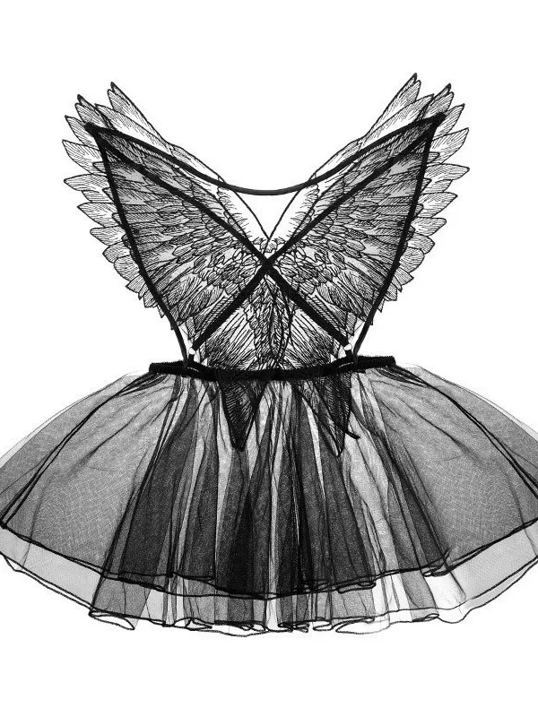 Sheer Angel Wings Backless Dress Mature New Playful Lingerie For Women Sexy Small Breasts Cute Wings Seductive Mesh Dress P5UG