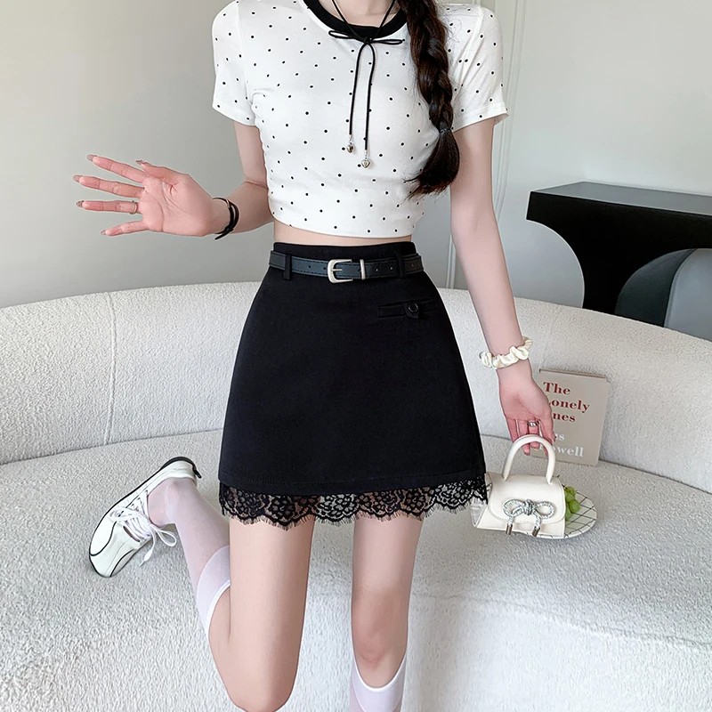 French Slimming Preventing Spice Girls Mini Skirts Females High Waist Solid A Line Sexy Lace Patchwork Suit Casual Hip Skirt