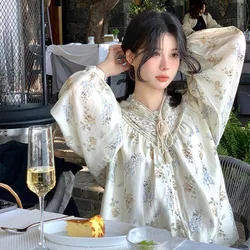 Female Spring Summer Fashion Preppy Style Drawstring O-neck Women Shirts All-match Young Style Cotton Long Sleeve Printing Tops