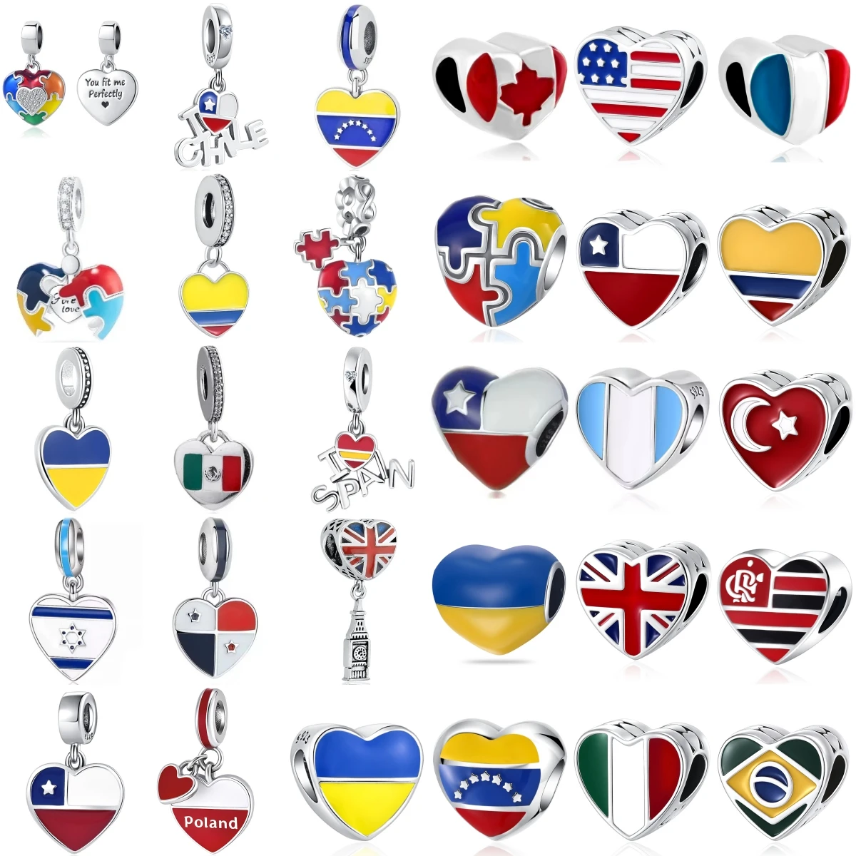 National Flag Heart Dangle Charms Beads Country Flag Heart Pendant Large Hole Beads Fit DIY Travel Souvenir Jewelry Gift