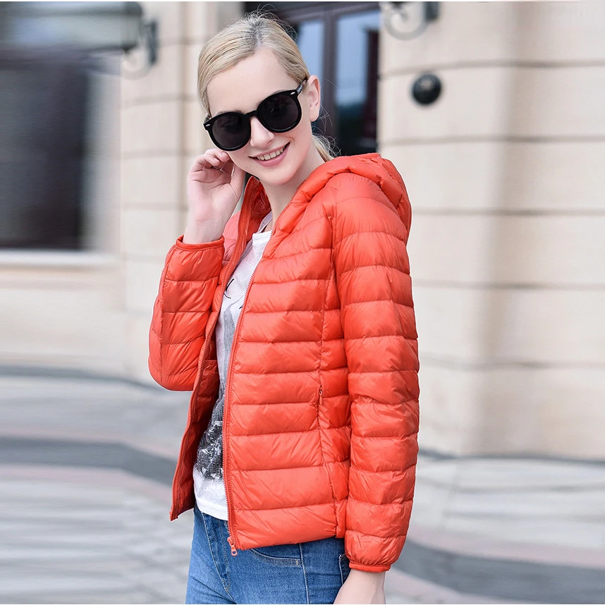 New 2023 Autumn Winter Ultra Light White Duck Down Coat Slim Hooded Female Outwear Down Jacket Women