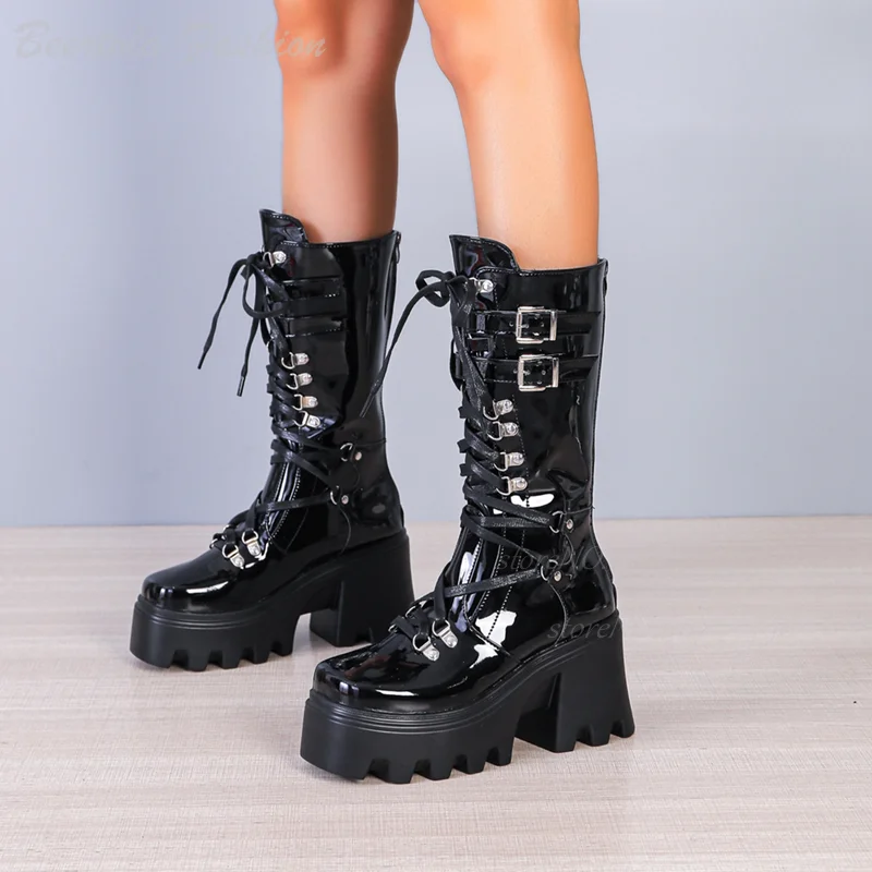 Striped Belt Buckle Lace Up Knee Boots Women Black Leather Platform Cool Wild Girl Street Style Shoes Sporty Round Toe Wedge