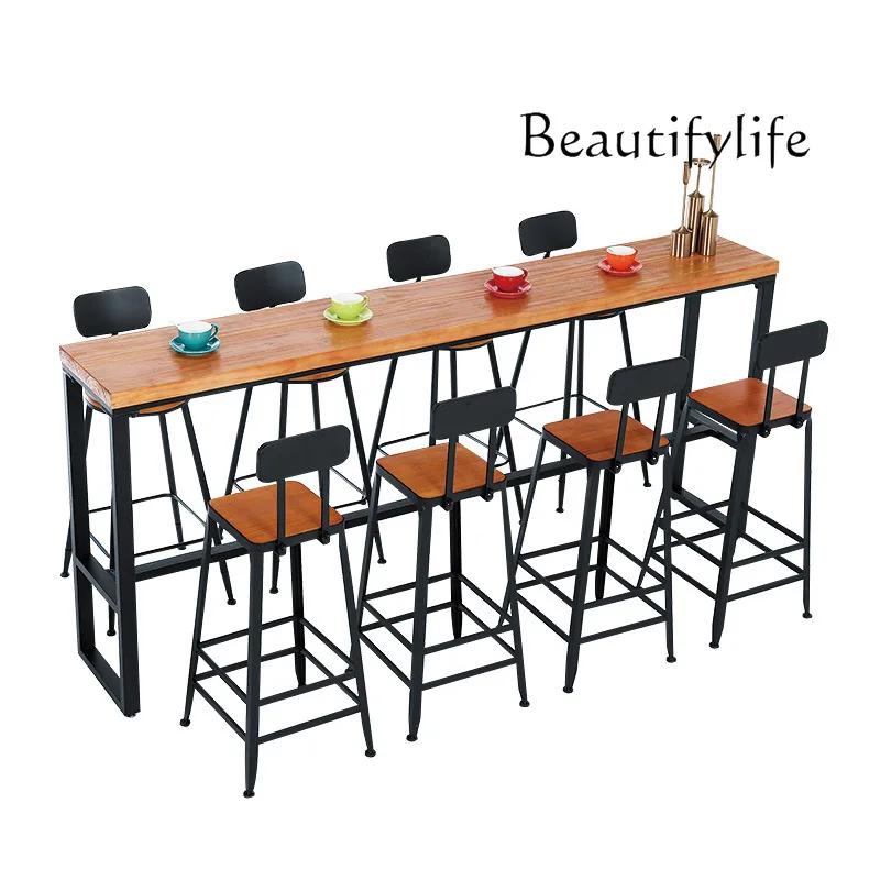 

American industrial style solid wood bar, milk tea shop, coffee shop, casual dining table and chair group, high foot wall table