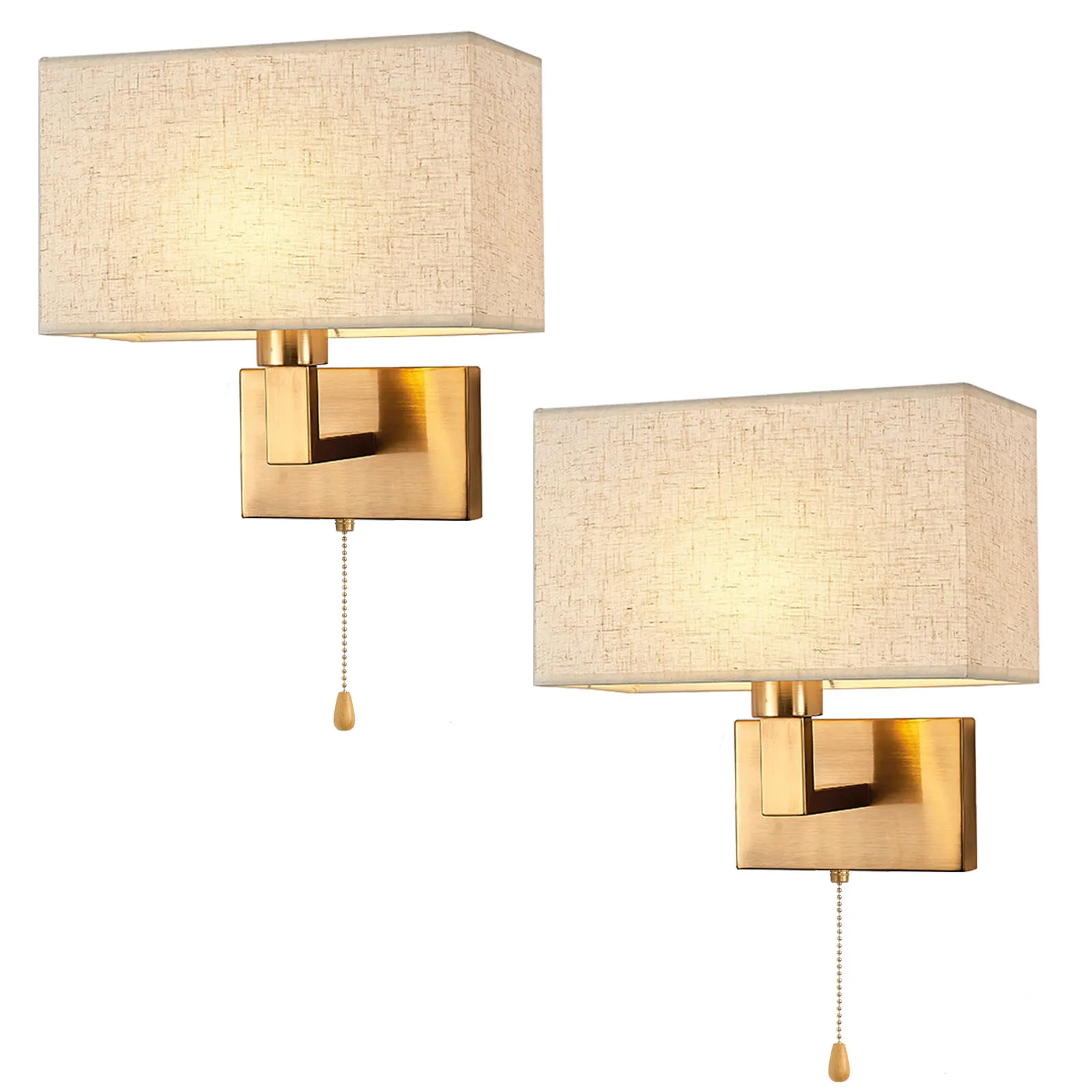 Set of 2 Gold Bedroom Wall Lights with Pull Switch Wall Sconce with Fabric Shade 2 Light Hotel Bedside Wall Lighting